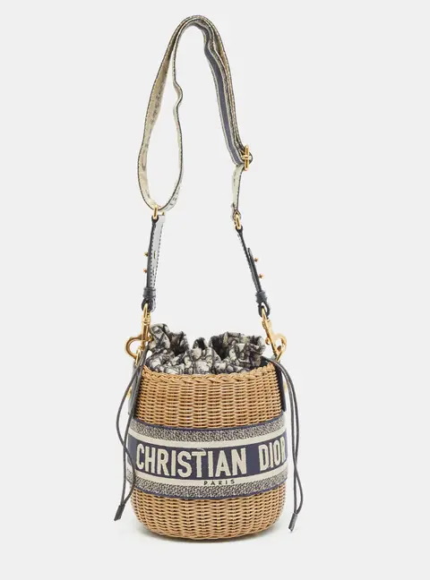 Dior Wicker Drawstring Navy Blue Oblique Canvas and Rattan Bucket Bag