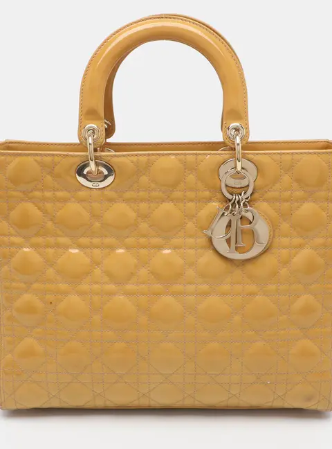 Dior Lady Dior Large Yellow Patent Leather Tote Bag