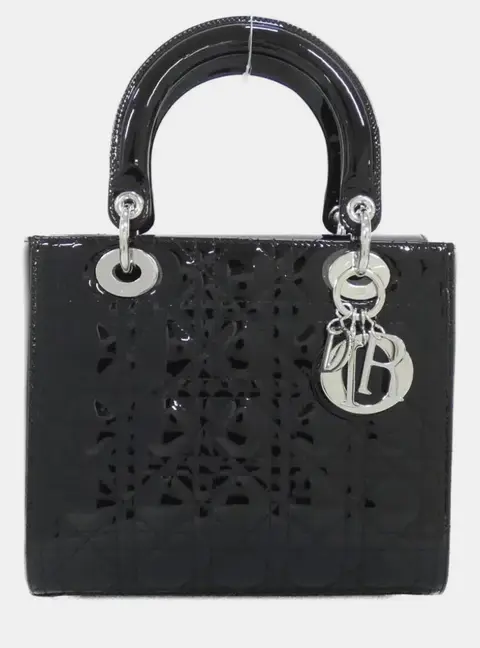 Christian Dior Lady Dior Medium Black Patent Leather Top Handle Bag