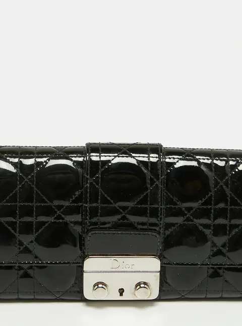 Dior New Lock Black Cannage Patent Leather Continental Wallet