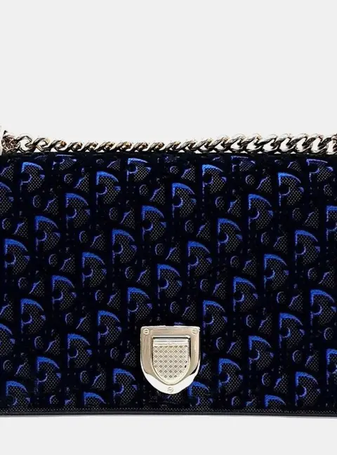 Christian Dior Diorama Black Blue Velvet Shoulder Bag M0422