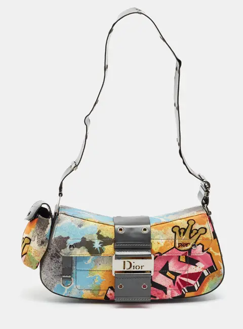 Dior Vintage Graffiti Street Chic Columbus Multicolor Fabric and Leather Shoulder Bag