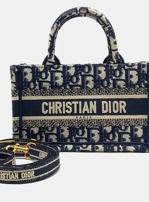 Christian Dior Cream Navy Blue Fabric Book Tote Mini Shoulder Strap Bag S5573CRIW