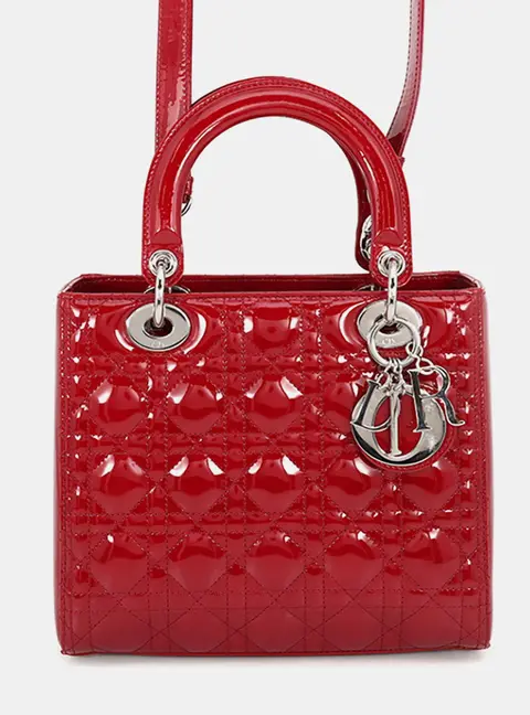 Dior Lady Dior Medium Red Patent Leather Top Handle Bag