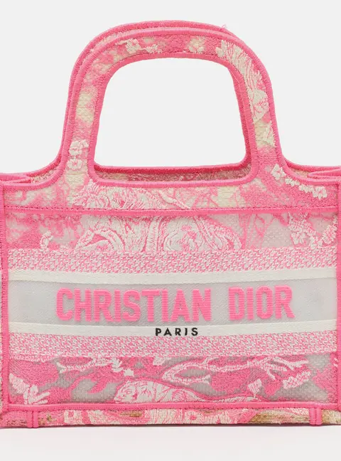 Dior Book Mini Neon Pink/White Toile De Jouy Embroidered Mesh Tote