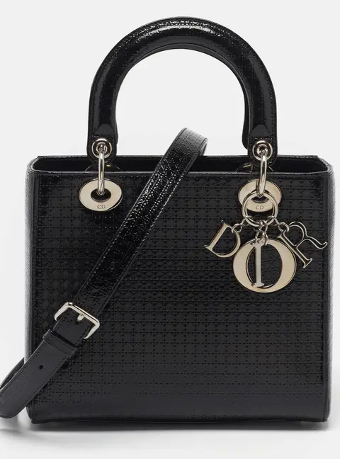 Dior Lady Dior Medium Black Microcannage Patent Leather Tote