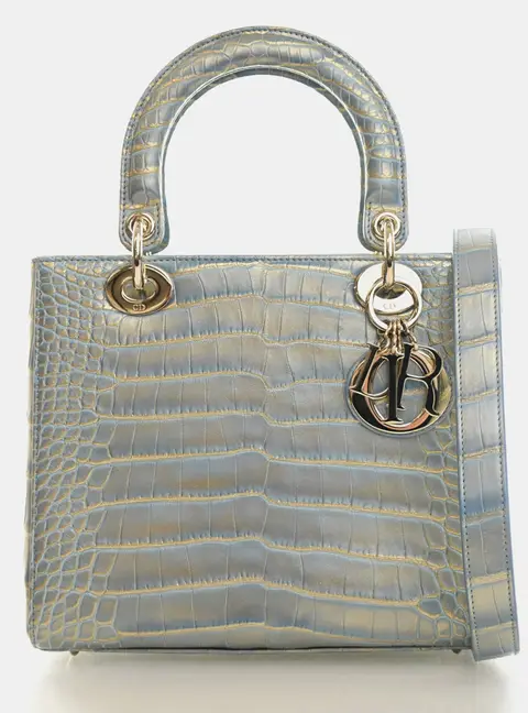 Christian Dior Lady Dior Medium Blue Iridescent Gold Crocodile Leather Top Handle Bag