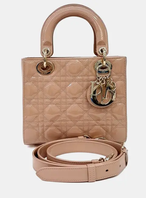 Christian Dior Beige Leather Patent Lady Bag Small