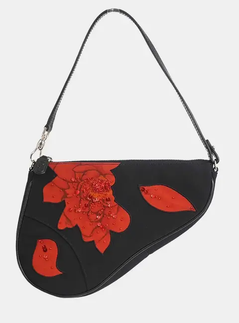 Christian Dior Vintage Beaded Rose Black Canvas Leather Mini Saddle Shoulder Bag