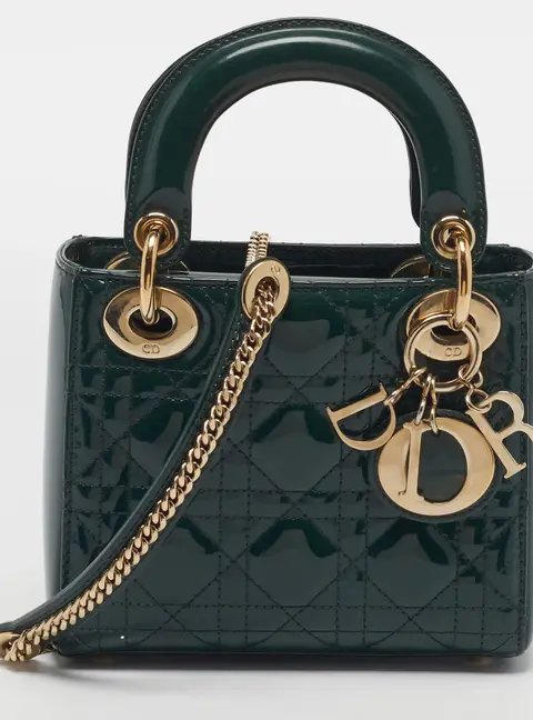 Dior Lady Dior Mini Green Cannage Patent Leather Tote