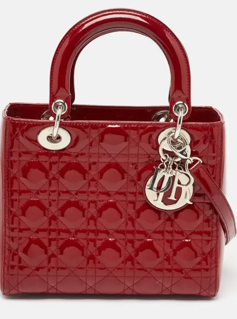 Dior Lady Dior Medium Red Patent Leather Tote Bag