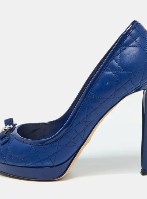 Dior Blue Cannage Leather and Patent Bow Peep Toe Platform Pumps Size 39