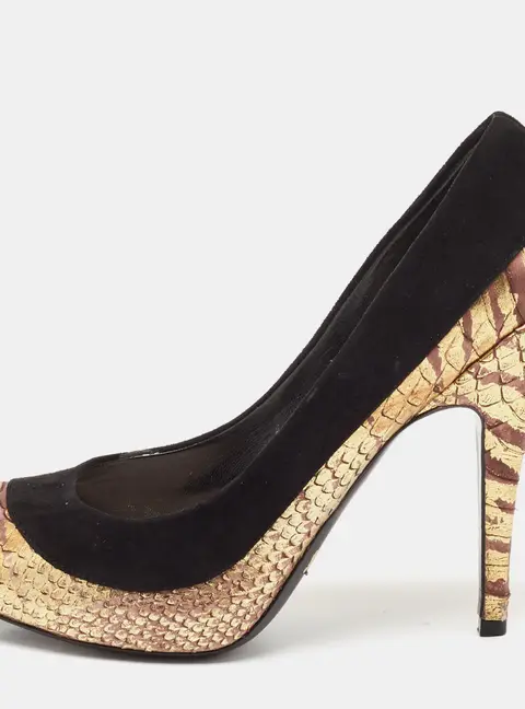 Dior Black/Gold Python Embossed Leather and Suede Peep Toe Pumps Size 37