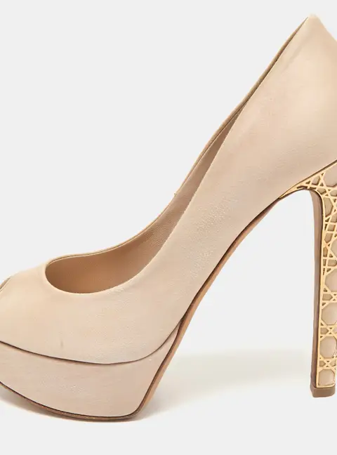 Dior Light Beige Satin Metal Cannage Peep Toe Platform Pumps Size 38.5