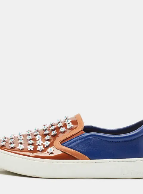Dior Blue/Brown Leather And PVC Floral Embellished Slip On Sneaker Size 38