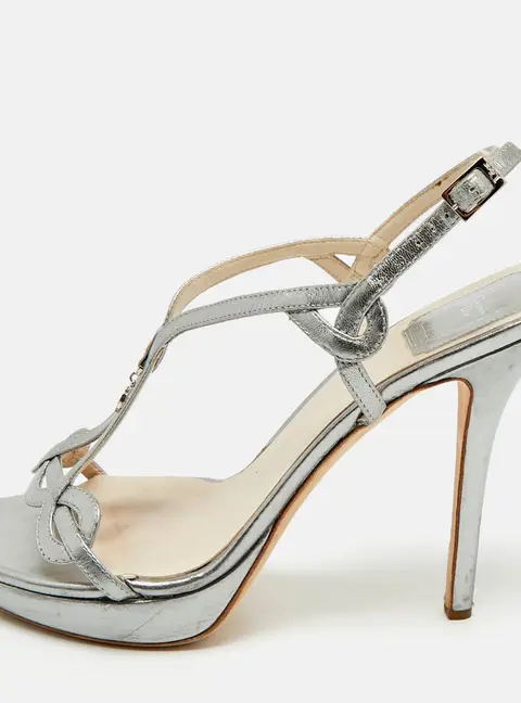 Dior Silver Leather Logo Slingback Sandals Size 39
