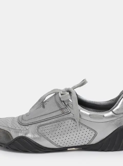 Dior Metallic Grey Leather and Suede D-Fence Sneakers Size 35.5