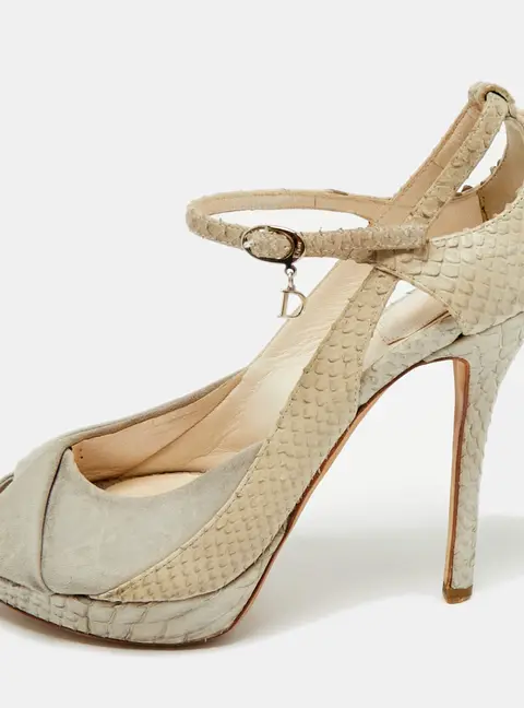 Dior Cream/Grey Suede and Python Leather Miss Dior Peep Toe Pumps Size 36