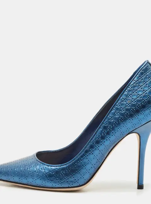 Dior Metallic Blue Microcannage Patent Leather Cherie Pointed Toe Pumps Size 36.5
