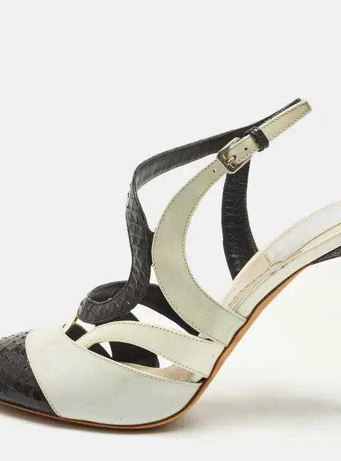 Dior Size 36 Black Patent Leather and Python Leather Ankle Strap Sandals