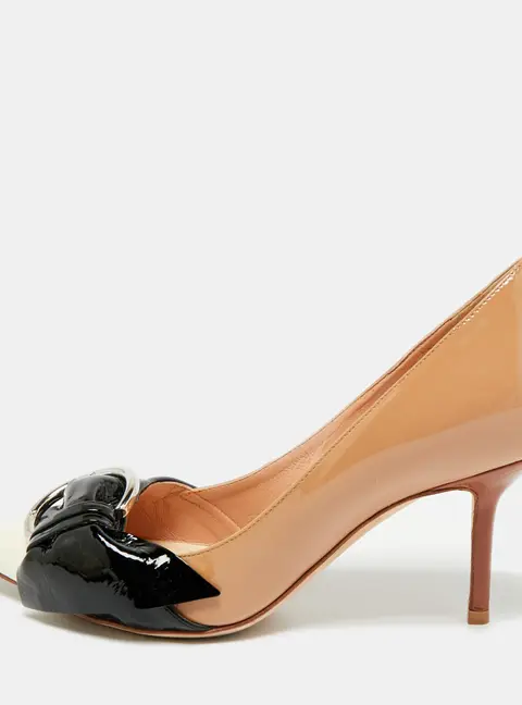 Dior Buckle Bow  Beige/Black Patent Leather Pointed Toe Pumps Size 37.5