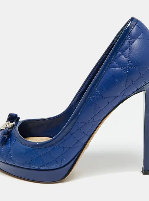 Dior Size 36.5 Blue Cannage Leather and Patent Leather Peep Toe Pumps