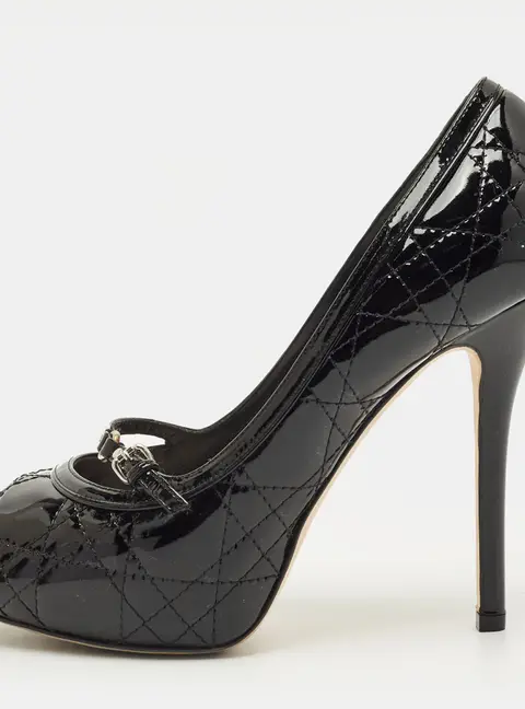 Dior Size 38.5 Black Quilted Cannage Patent Leather Peep Toe Pumps