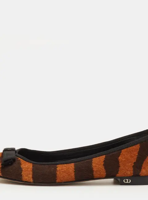 Dior Size 38.5 Brown Calf Hair Striped Bow Ballet Flats