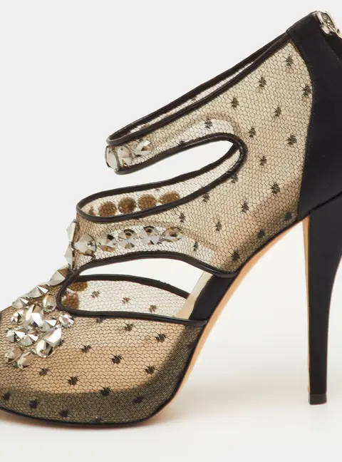Dior Size 39.5 Black Mesh and Satin Cut Out Crystal Embellished Peep Toe Sandals
