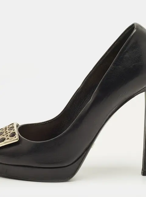 Dior Size 36 Black Leather Cannage Plaque Peep Toe Pumps