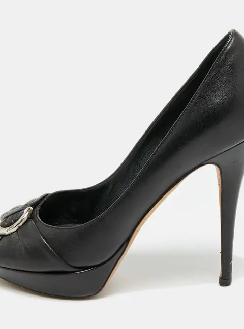 Dior Size 37 Black Leather Peep Toe Platform Pumps