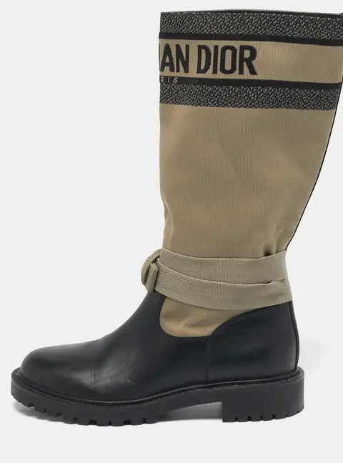 Dior D-major Size 38 Black/Beige Canvas and Leather Mid Calf Boots