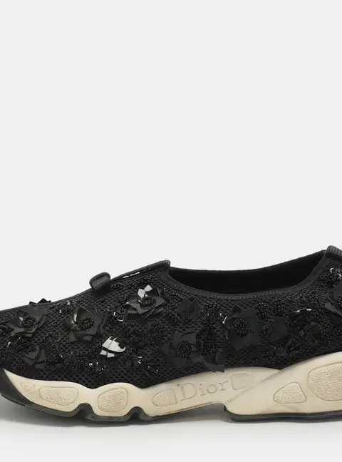 Dior Fusion Size 37 Black Mesh Flower Embellished Low Top Sneakers