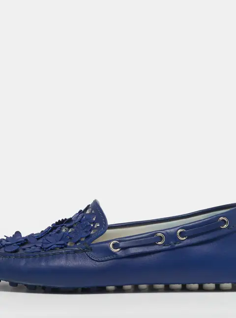 Dior Size 35.5 Blue Leather Cutout Flora Embellished Driver Loafers