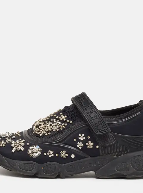 Dior Fusion Size 37.5 Black Mesh and Neoprene Embellished Velcro Strap Sneakers
