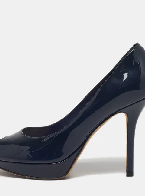Dior Miss Dior Size 37 Navy Blue Patent Leather Peep Toe Pumps