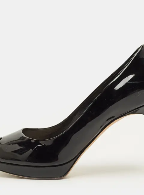 Dior Diorella Size 37 Black Patent Leather Peep Toe Pumps