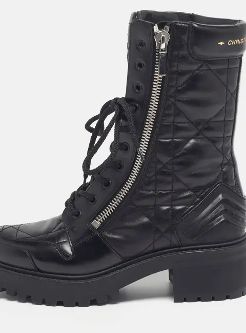 Dior D-Leader Size 37 Black Cannage Leather Combat Boots