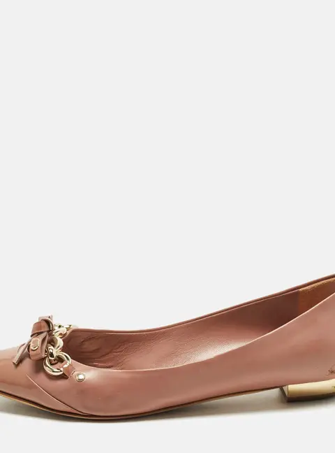Dior Size 38.5 Beige Leather and Patent Bow Chain Detail Ballet Flats