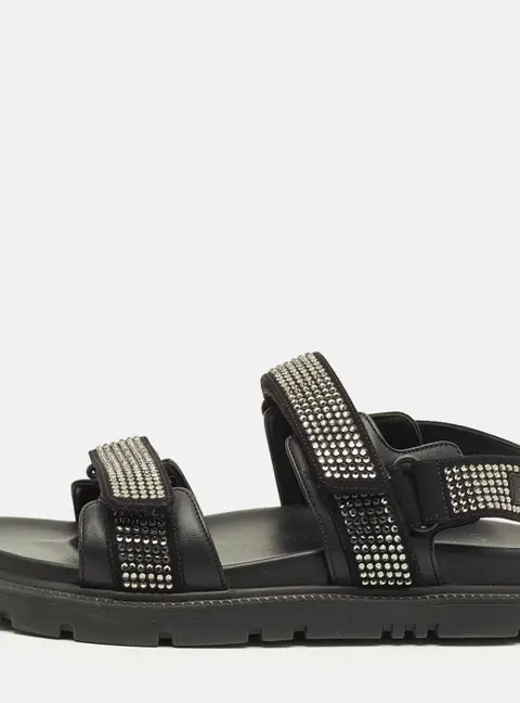 Dior Dioract Size 38 Black Leather and Suede Crystal Embellished Ankle Strap Sandals