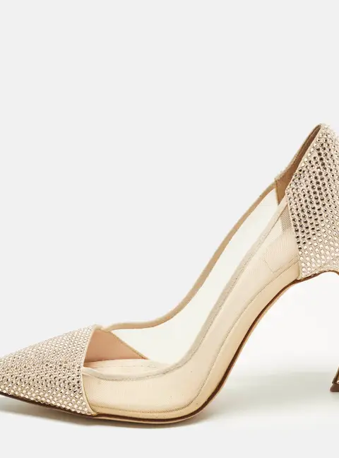 Dior Size 36.5 Beige Crystal Embellished Suede And Mesh Pointed Toe Pumps