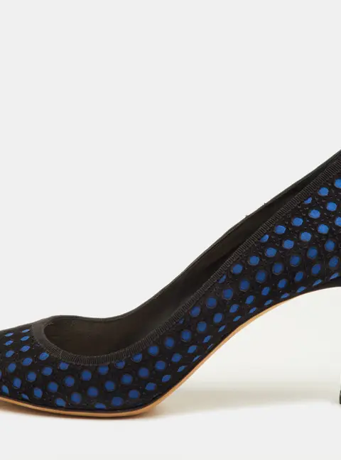 Dior Size 38.5 Black/Blue Cannage Suede and Satin Peep Toe Pumps