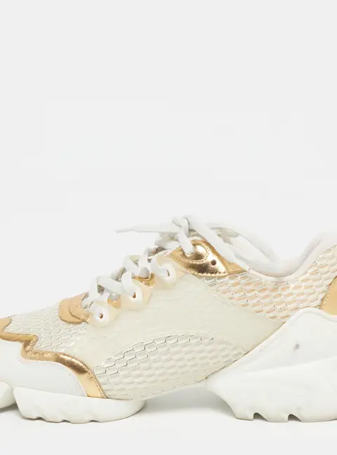 Dior D-Connect Size 38 White/Gold Fabric and PVC Low Top Sneakers