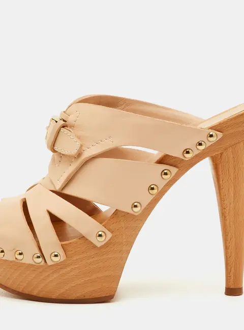 Dior Size 37 Beige Leather Wooden Platform Clogs