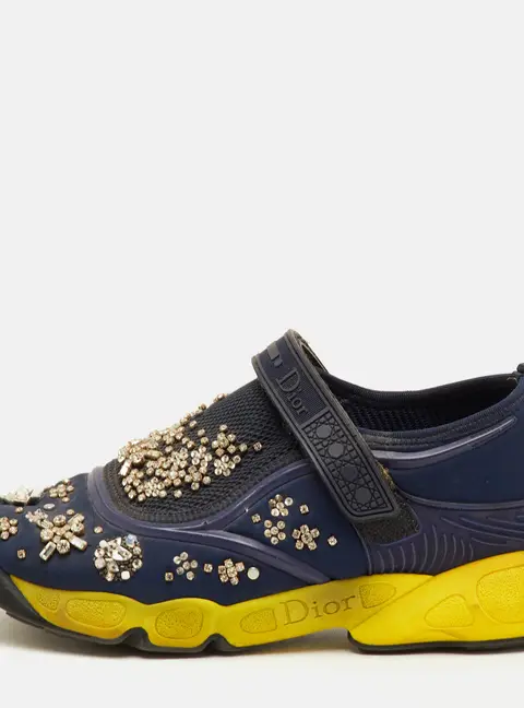Dior Fusion Size 39.5 Navy Blue Neoprene and Rubber Crystal Embellished Slip On Sneakers