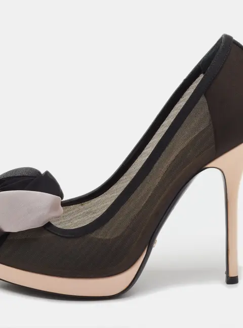 Dior Black/Light Pink Mesh and Satin Garden Flower Detail Peep Toe Pumps Size 38