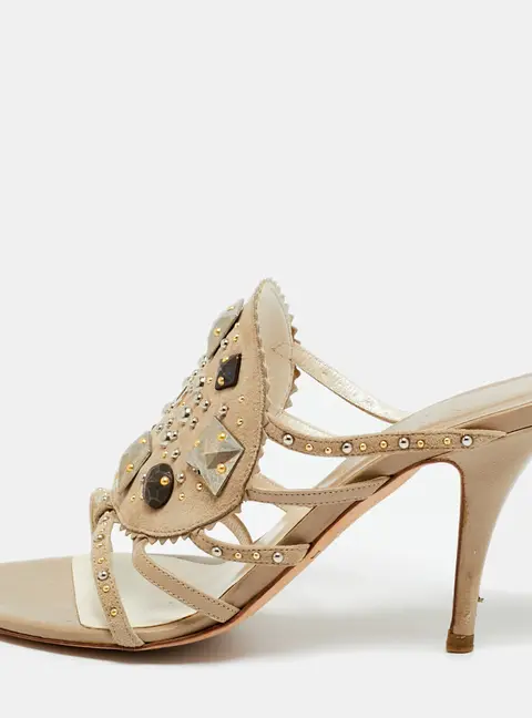 Dior Beige Leather and Suede Studded Embellish Slide Sandals Size 36