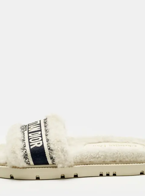 Dior White/Navy Blue Shearling Fur and Logo Canvas Dway Flat Slides Size 38