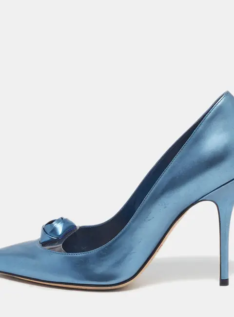 Dior Size 38.5 Blue Patent Leather and PVC Rose Pointed Toe Pumps