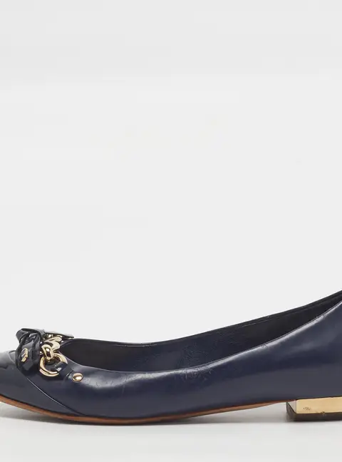 Dior Size 35 Navy Blue Leather and Patent Leather Chain Detail Bow Ballet Flats